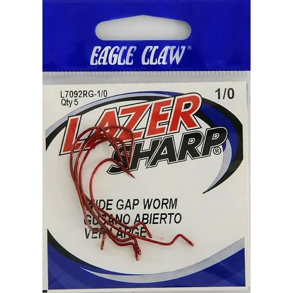 Lazer Sharp L7092RGH-1/0 Worm Extra Wide Gap Hook, Red, Size 1/0, 5 Pack