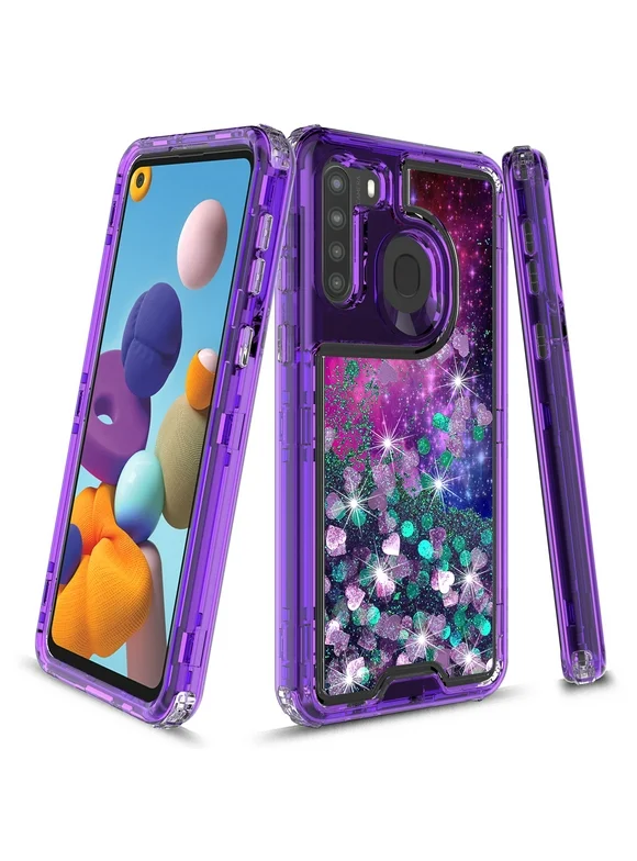 Samsung Galaxy A21 Case, Rosebono 3in1 Hybird Graphic Gradient Quicksand Glitter Liquid Floating with Frame Bumper Protective Armor Case for Samsung Galaxy A21 (Galaxy Cloud)