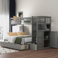 Euroco Twin over Twin/Full Bunk Bed, Convertible Down Bed, with Storage Drawer and Cabinet, Kids Bedroom, Gray