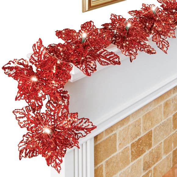 Lighted Glittered Poinsettia Garland Indoor Decoration with Twinkling Lights - Holiday Home Decor