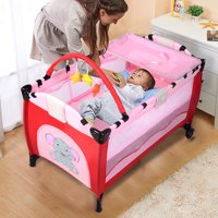 Goplus Pink Baby Crib Playpen Playard Pack Travel Infant Bassinet Bed Foldable