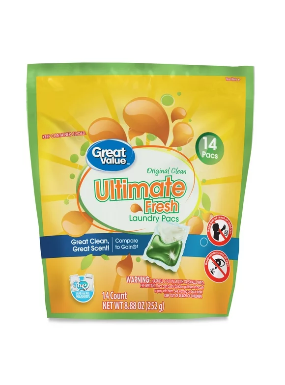 Great Value Ultimate Fresh Laundry Detergent Pacs, Original Clean, 14 Count