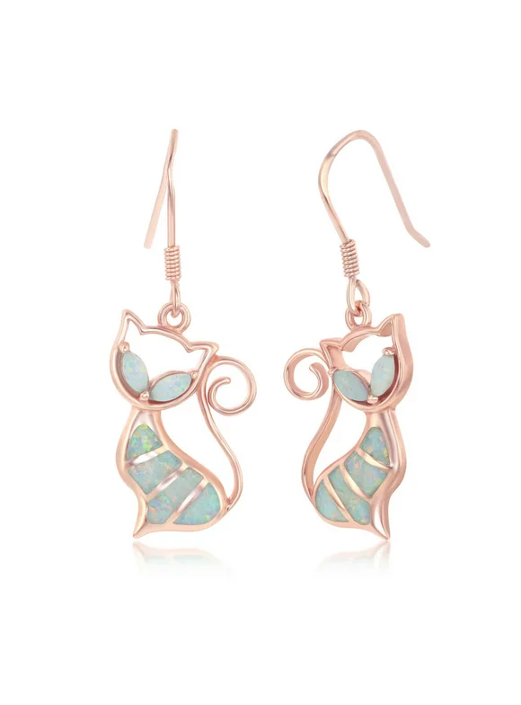 Created Blue/White Opal Cat Silver/14k Rose Gold Plated Sterling Silver Dangling Earrings Jewelry for Women or Teens