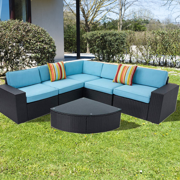6 Piece Outdoor Patio Conversation Furniture Sets with Glass Table, All Weather Black PE Rattan Wicker Cushioned Sectional Patio Sofa with Olefin Blue Cushions and Cover