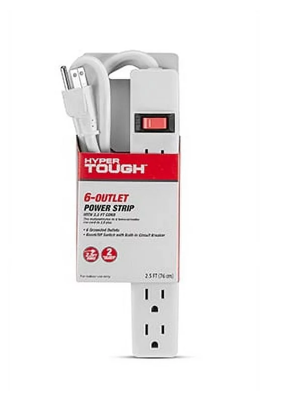 Hyper Tough 6 Outlet Power Strip with 2.5 ft Cord, White, Single Pack, 125V, 15A
