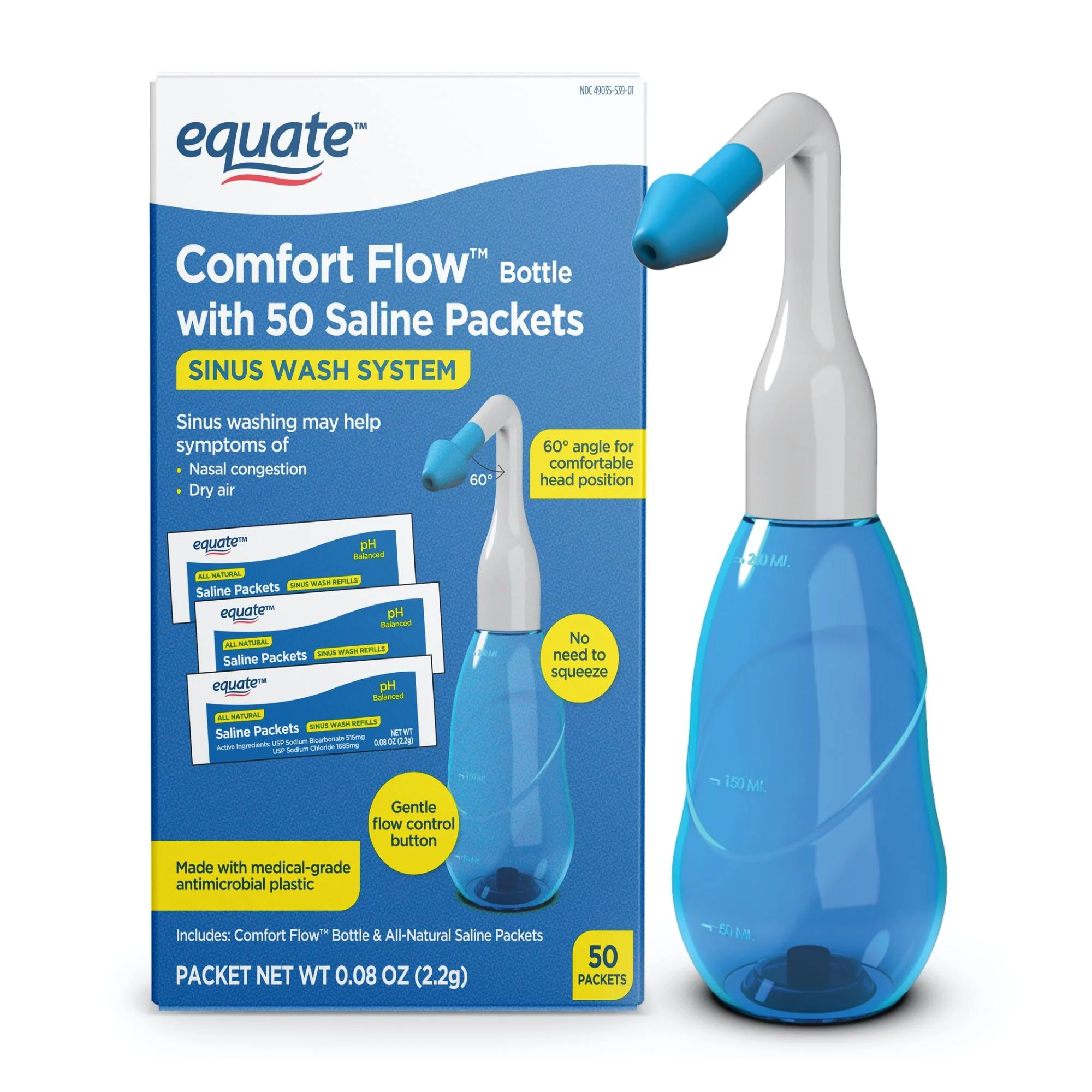 Equate Comfort Flow Bottle with 50 Saline Packets Nasal Wash System for Nasal Congestion - Blue