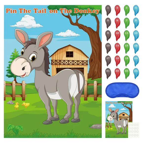 FEPITO Pin The Tail on The Donkey Party Game with 24 Pcs Tails for Kids Birthday Party Decorations, Carnival Circus Party Supplies
