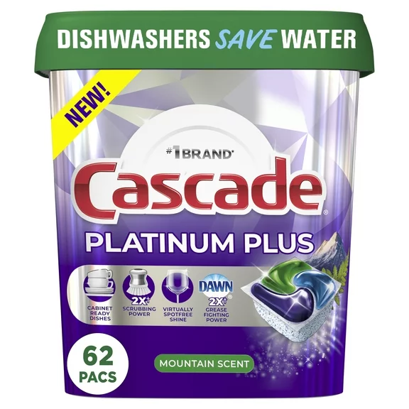Cascade Platinum Plus Dishwasher Detergent Pacs, Mountain, 62 Count