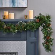 Noble House 9-foot Mixed Spruce Pre-Lit Warm White LED Artificial Christmas Garland with Snowy Branches and Pinecones