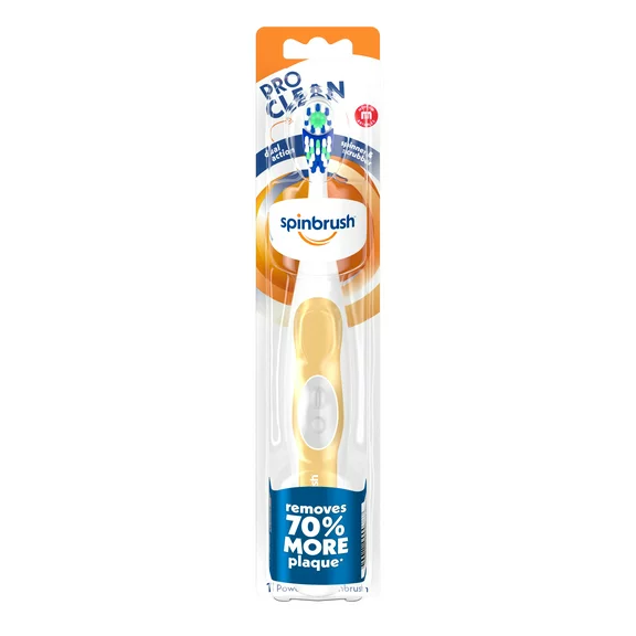 Spinbrush PRO CLEAN Battery Powered Toothbrush, Medium Bristles, 1 Count, Gold or Blue Color May Vary