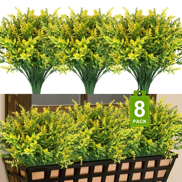 8 Bundles Artificial Lavender Flowers, EEEkit Outdoor Fake Flowers for Decoration, Faux Plastic Plants Bouquets for Indoor Home Garden Wedding Table Kitchen Decor (Purple/Yellow/Red)