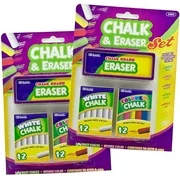 Kicko White and Colored Chalk Sets with Erasers - 50 Piece Set - 2 Packs, Totaling 24 Soft White Sticks, 24 Colored Sticks, 2 Erasers
