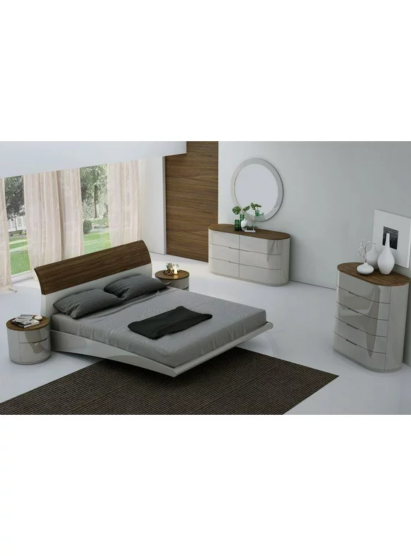 Ultra Modern Walnut Light Grey Lacquered Queen Size Bedroom 5Pcs J&M Amsterdam
