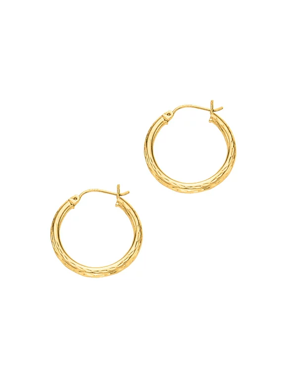 14K Yellow Gold 3x25mm Shiny Diamond Cut Round Tube Design Hoop Earrings with Hinged