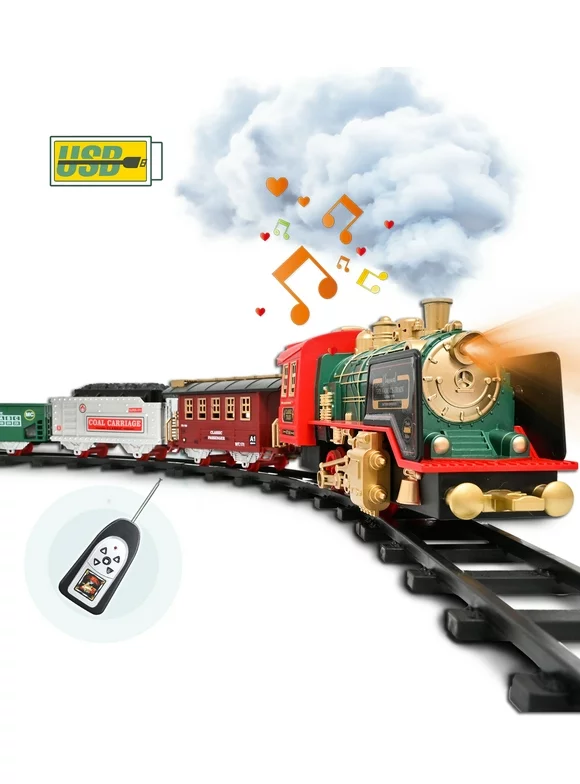 FANL Train Set Toy, RC Train Set W/ Smoke, Lights, Sounds Railway , Rechargeable Electric Train Toy Birthday Gift Toys for Age 3 4 5 6 + Kids