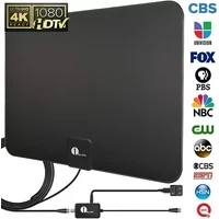 1byone 80 Miles TV Antenna HDTV Amplified Digital Indoor Antenna with Amplifier Signal Booster for 1080P 4K HD VHF UHF Free Channels with 10ft coaxial cable/USB Power Adapter