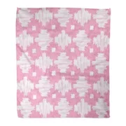 KDAGR Throw Blanket Warm Cozy Print Flannel Pastel Pink and White Ikat Pattern Abstract Aztec Damask Ethnic Geometric Comfortable Soft for Bed Sofa and Couch 58x80 Inches