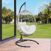 Ulax Furniture Patio Wicker Hanging Basket Swing Chair Indoor Outdoor Rattan Teardrop Chair Hammock Egg Chair with Stand and Cushion(Beige)