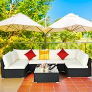 Costway 7PC Furniture Sectional PE Rattan Wicker Patio Rattan Sofa Set Couch with White Cushions