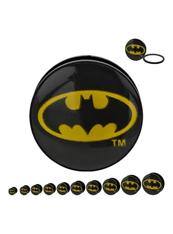 Officially Licensed Black Anodized Stainless Steel Yellow Batman Logo Screw Fit Plug Set 2 Gauge