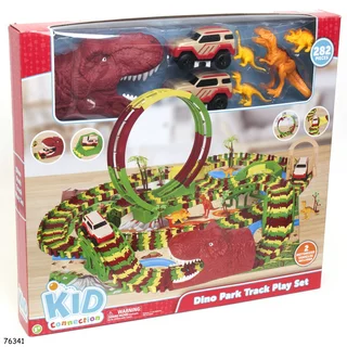 Kid Connection Dinosaur Park Vehicle Track Set, 282 pieces, Flexible Race Track, Motorized Vehicles, & Dinosaurs Included
