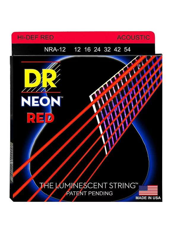 DR Strings Hi-Def NEON Red Coated Medium Acoustic Guitar Strings (12-54)