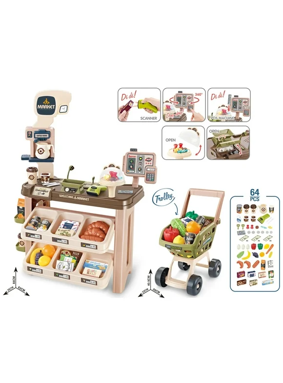 Supermarket Play Set Plastic Toy w/ Shopping Cart Coffee Shop 64 Pcs Kids Boys Girls +3 Mundo Toys