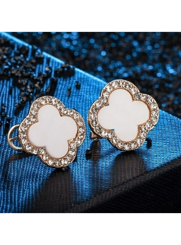 18K Gold Filled Crafted  Four Leaf White Clip on Earrings