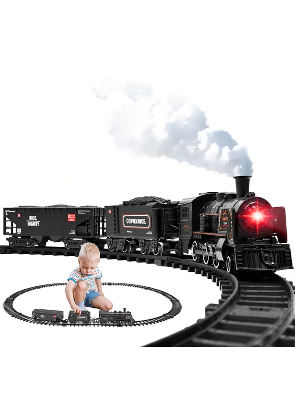 FANL Metal Alloy Model Train Set, Electric Train Toys with Steam Locomotive, Realistic Train Sound，Lights and Smoke