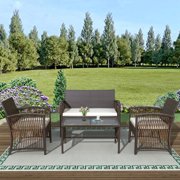 Wicker Patio Sets for Deck for Outdoor Furniture, 2020 Upgrade 4-Piece Conversation Furniture Set w/Loveseat Seats, 2 Armchair Sofas, Coffee Dining Table and Padded Cushions, Brown, S704