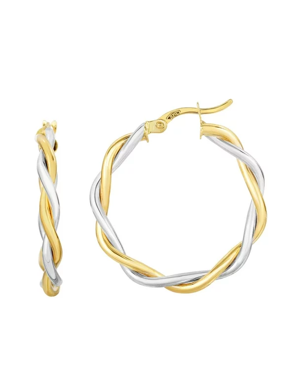10K Yellow & White Gold 21x3mm Shiny Twisted Double Wire Extra Light Round Hoop Earrings with Hinge