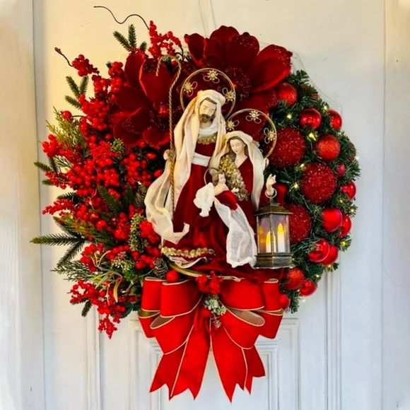 Sacred Christmas Wreath with Lights, Red Christmas Wreath Decoration, Christmas Wreaths for Front Door, Home Christmas Decoration