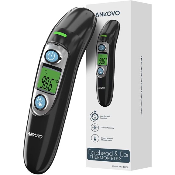 ANKOVO Forehead and Ear Thermometer,Digital Infrared Thermometer for Kid&Adult,1s Fast Reading with 3 Colors Backlight Fever Alarm and 35 Memories Recall