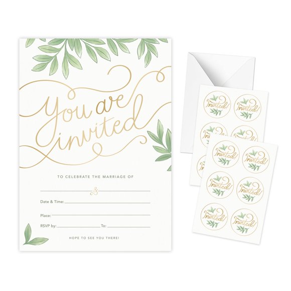 Rileys & Co 50 Pack Wedding Invitation Cards with Envelopes, Bonus Stickers Included, 5x7 inches