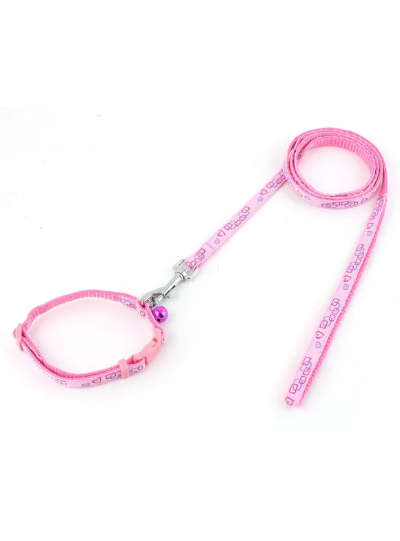 Puppy Dog Pet Bell Decor Walking Training Collar Rope Leash Pink