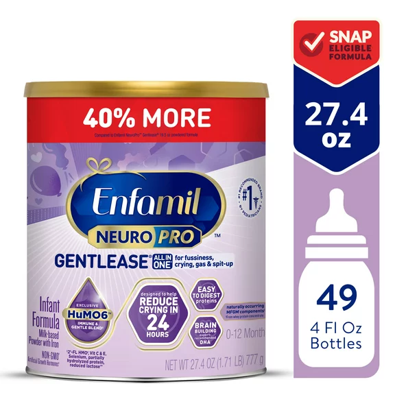Enfamil NeuroPro Gentlease Baby Formula, Brain and Immune Support with DHA, Clinically Proven to Reduce Fussiness, Crying, Gas and Spit-up in 24 Hours, Non-GMO, Powder Can, 27.4 Oz