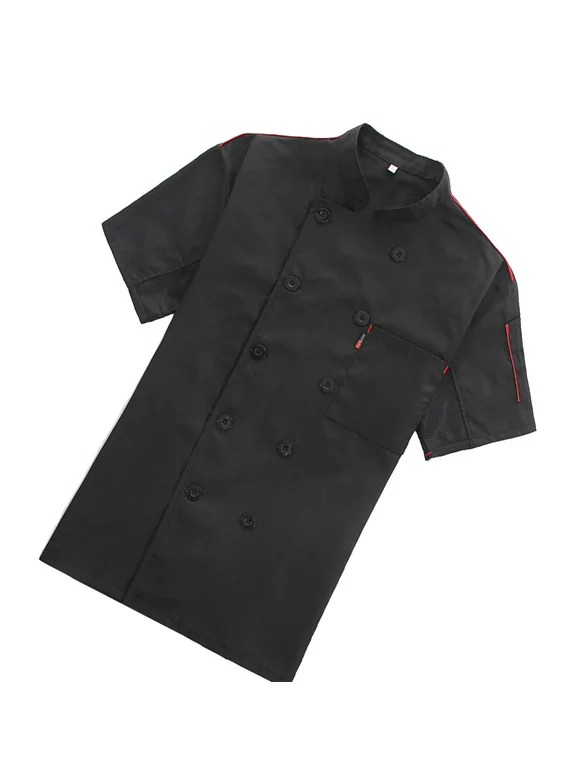 Chef Coat Short Sleeve with Buttons Pockets Cook Jacket Chic Cooking Work Wear Uniform Costume for Restaurant Hotel Cafe Kitchen Black 3XL