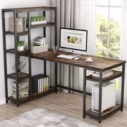 Tribesigns 67" Reversible Large Computer Desk with 9 Storage Shelves, Office Desk Study Table Writing Desk Workstation with Hutch Bookshelf for Home Office, Rustic Oak