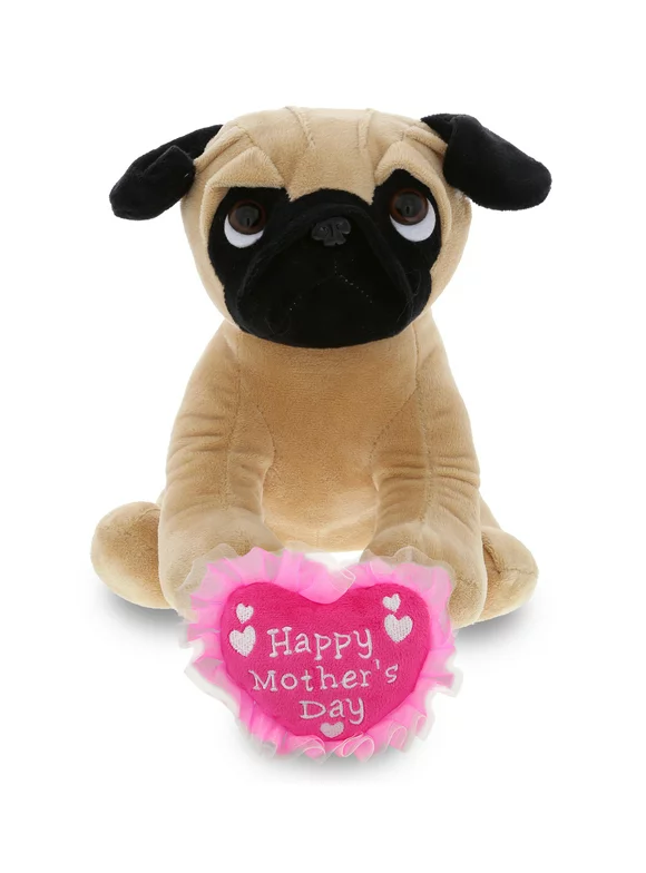 DolliBu Happy Mother's Day Super Soft Sitting Pug Dog Plush Figure - Cute Stuffed Animal with Pink Heart Message for Best Mommy, Grandma, Wife, Daughter - Cute Dog Pet Plush Toy Gift - 10" Inches
