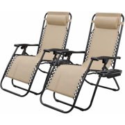 VINEEGO Zero Gravity Chair Set of 2 Patio Adjustable Folding Lounge Chairs with Pillows Cup Holders Recliners for Poolside Backyard Beach Beige)
