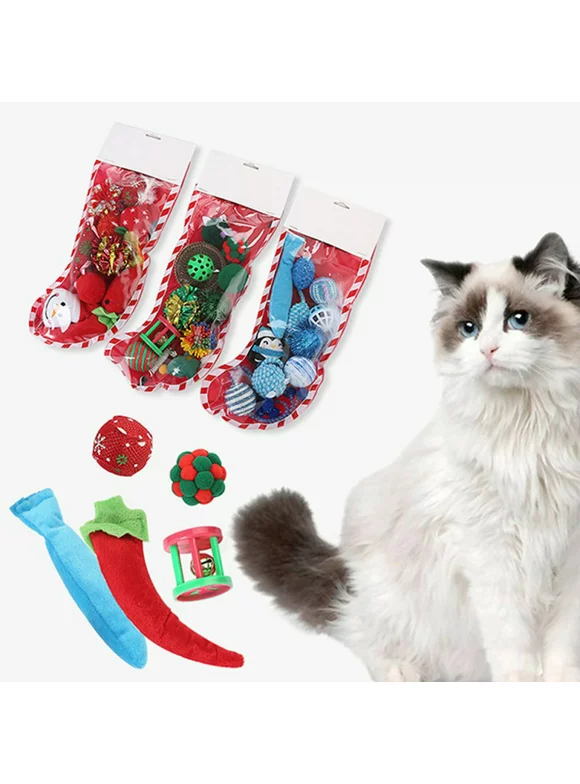 SweetCandy Clearance Christmas Stocking Cat Toys, 8/12PCS Xmas Cat Toy Set with Squeaky Toys, Balls, Cat Teaser