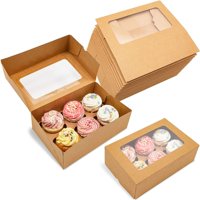 24-Pack Kraft Paper Cupcake Boxes with 6 Inserts, Clear Window Display Containers for Birthday and Wedding Party Treats