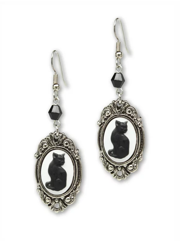 Black Cat Cameo In Silver Finish Frame Dangle Earrings with Black Bead by Real Metal #1047