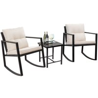 Walnew 3 Pieces Patio Furniture Set Rocking Wicker Bistro Sets Modern Outdoor Rocking Chair Furniture Sets Cushioned PE Rattan Chairs Conversation Sets with Glass Coffee Table, Black