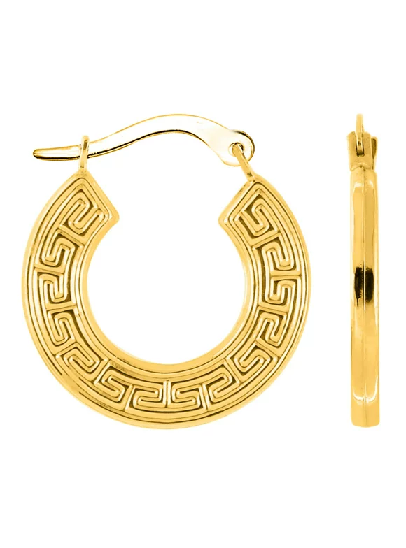 14k Real Yellow Gold Greek Key Hoop Earrings