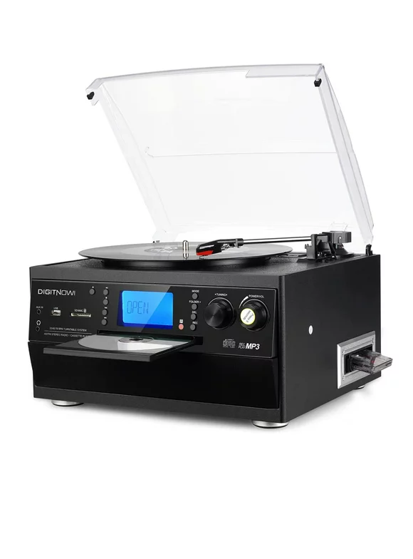 DIGITNOW Bluetooth Record Player Turntable with Stereo Speaker, with CD Player, Cassette, Radio, Aux in and SD Encoding, Remote Control