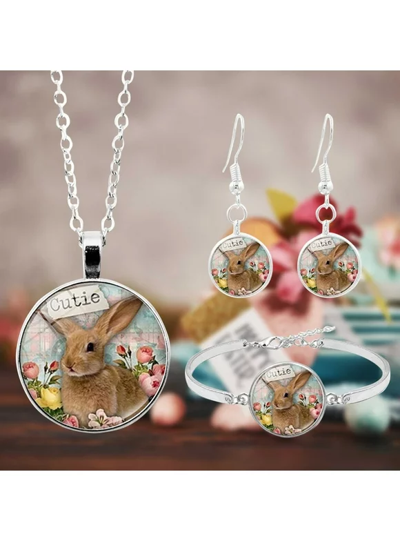Tuscom Creative Cute Easter Bunny Necklace Bracelet Earring Set Gift