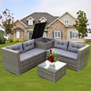Outdoor Patio Furniture Sets, 4 Piece Rattan Wicker Outdoor Sectional Sofa Set, Bistro Patio Dining Set with Storage Box and Coffice Table, Garden Lawn Patio Conversation Set, Gray Cushion, W7995