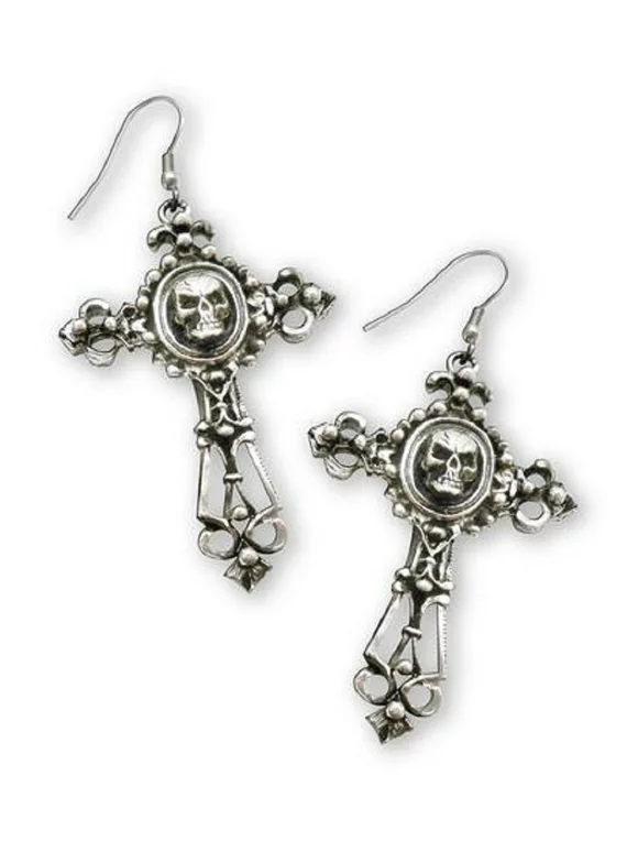 Gothic Skull on Filigree Cross Silver Finish Pewter Dangle Earrings by Real Metal #1005