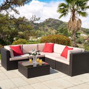 Walnew 6 Pieces Outdoor Furniture Patio Sectional Sofa Sets All Weather PE Rattan Manual Wicker Conversation Set with Washable Cushions and Glass Table (Brown)